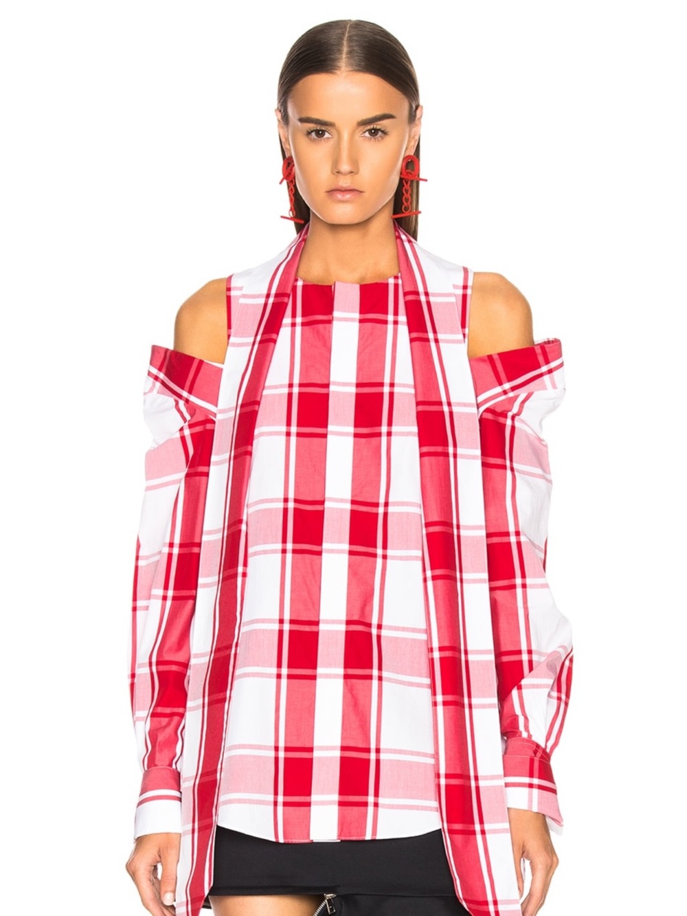 MONSE Red and White Cold-Shoulder Plaid Blouse Sz 2
